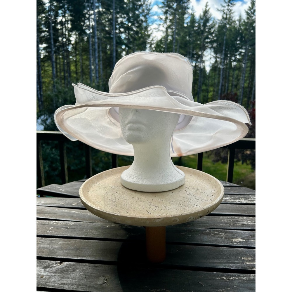 Women Blush Pink Sheer Organza Wide Brim Church Derby Hat Cream Floral Tea Party